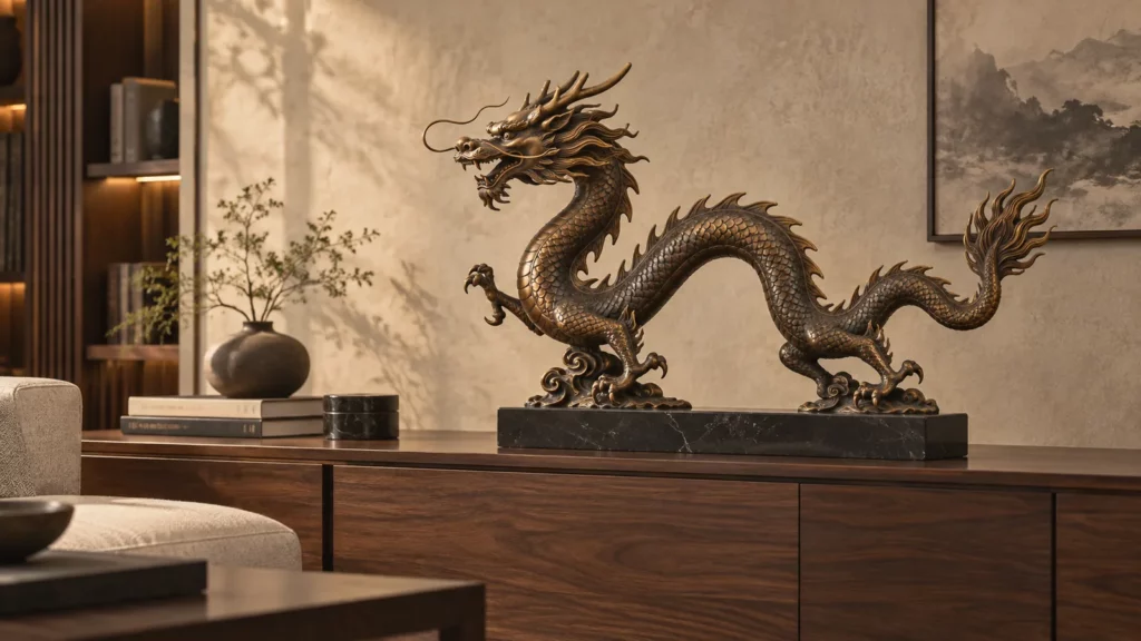 Tượng rồng phong thủy bằng đồng trên tủ console phòng khách