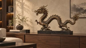 Tượng rồng phong thủy bằng đồng trên tủ console phòng khách