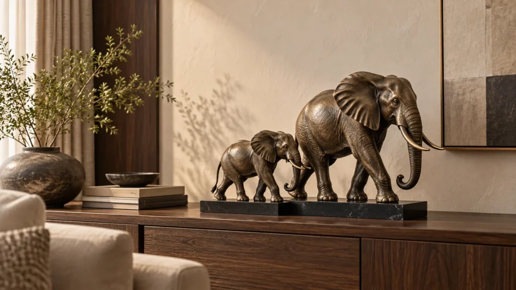 Tượng voi phong thủy mẹ con bằng đồng trên tủ console