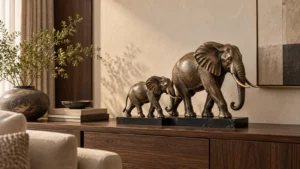 Tượng voi phong thủy mẹ con bằng đồng trên tủ console