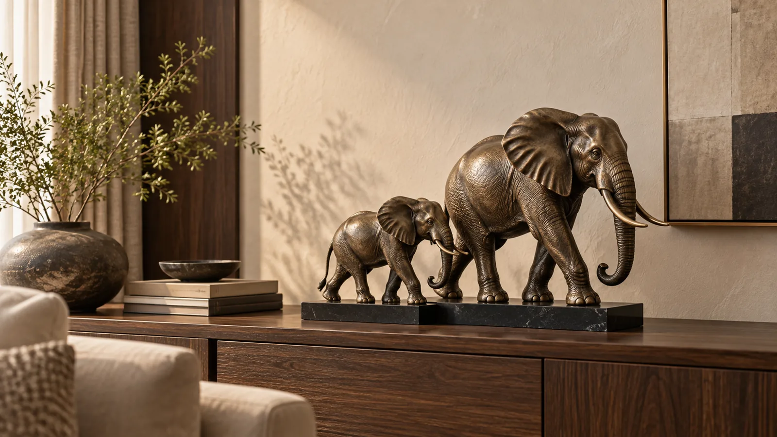 Tượng voi phong thủy mẹ con bằng đồng trên tủ console