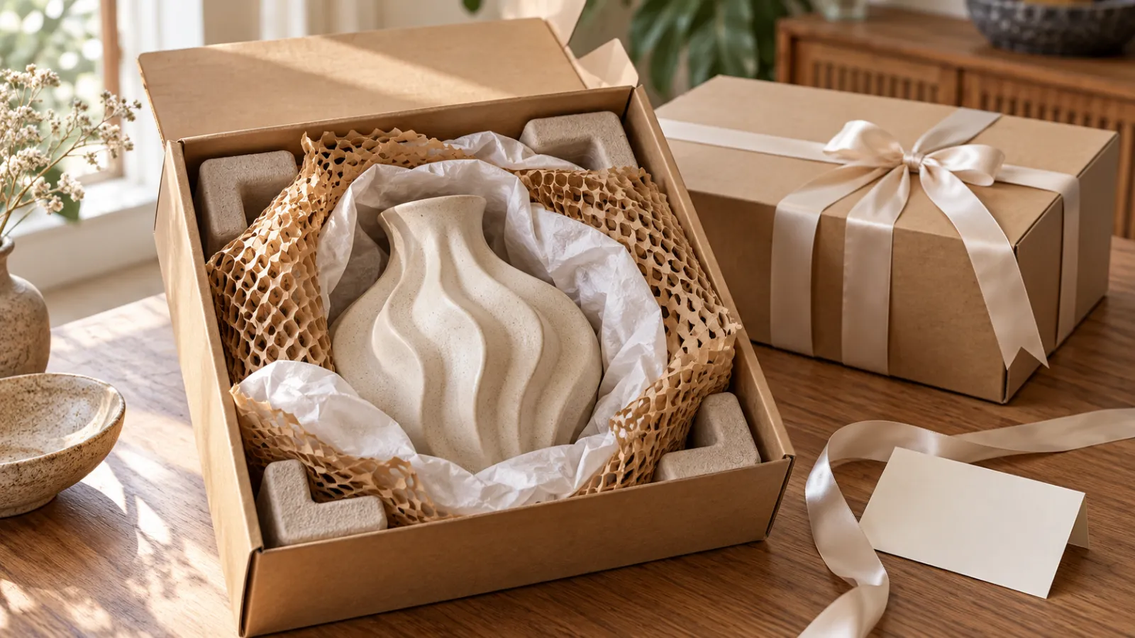Bình gốm được bọc giấy đệm trong hộp quà decor