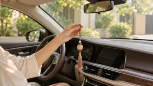 Người cầm dây khánh để ước lượng chiều dài trong ô tô đang đỗ