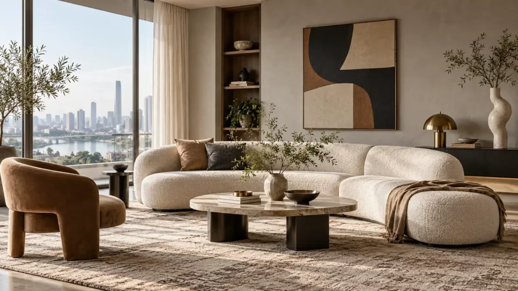 Phòng khách Contemporary với sofa đường cong, tranh hình học và điểm nhấn kim loại