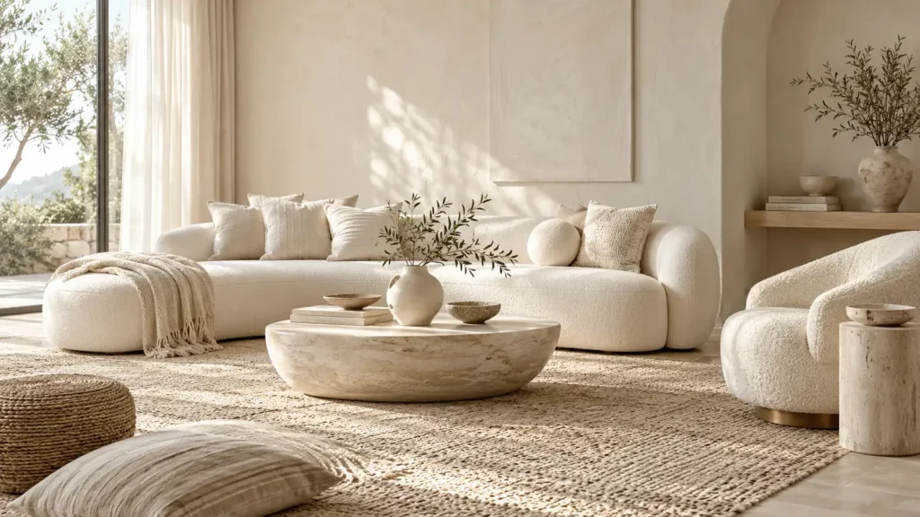 Phòng khách decor đơn sắc trắng kem với sofa vải, bàn đá và bình gốm