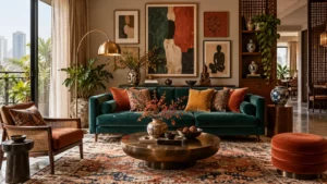 Phòng khách Decor Maximalism có kiểm soát với sofa xanh, tranh tường và điểm nhấn màu ấm