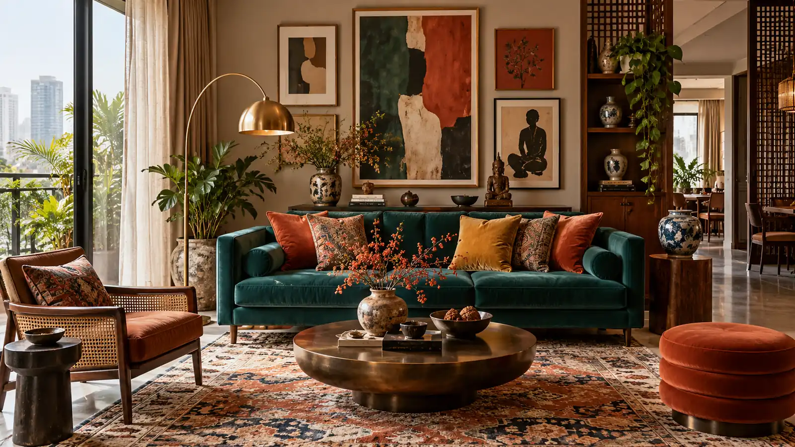 Phòng khách Maximalism với sofa xanh, tranh trừu tượng và các điểm nhấn cam đất
