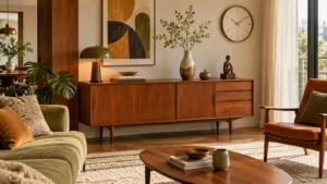 Phòng khách decor Mid-Century Modern với tủ gỗ ấm, bình gốm và đồng hồ