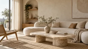 Phòng khách Decor Organic Modern với sofa bo cong, bàn đá sáng và chất liệu tự nhiên
