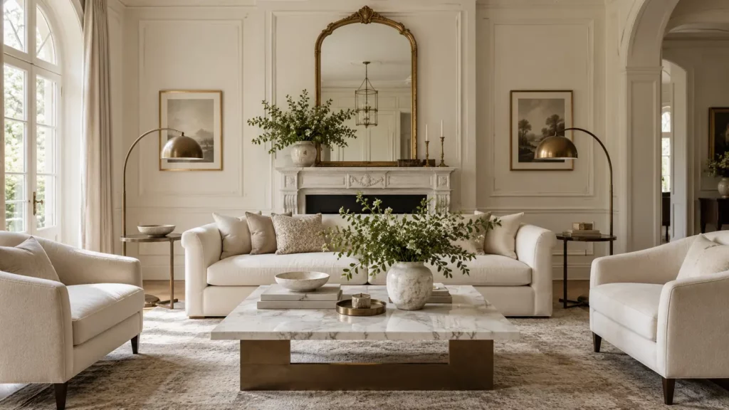 Không gian decor tân cổ điển màu kem với gương và đèn đối xứng
