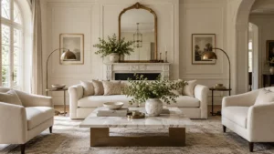 Không gian decor tân cổ điển màu kem với gương và đèn đối xứng
