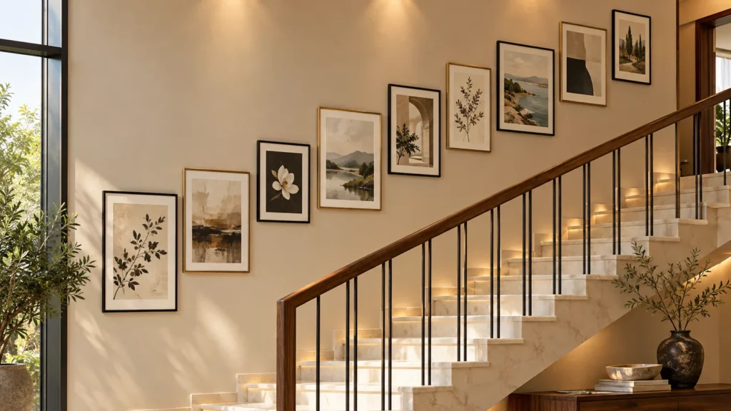 Decor tường cầu thang với chín khung tranh theo đường chéo