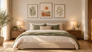 Decor tường phòng ngủ với bộ ba tranh tông màu nhẹ nhàng
