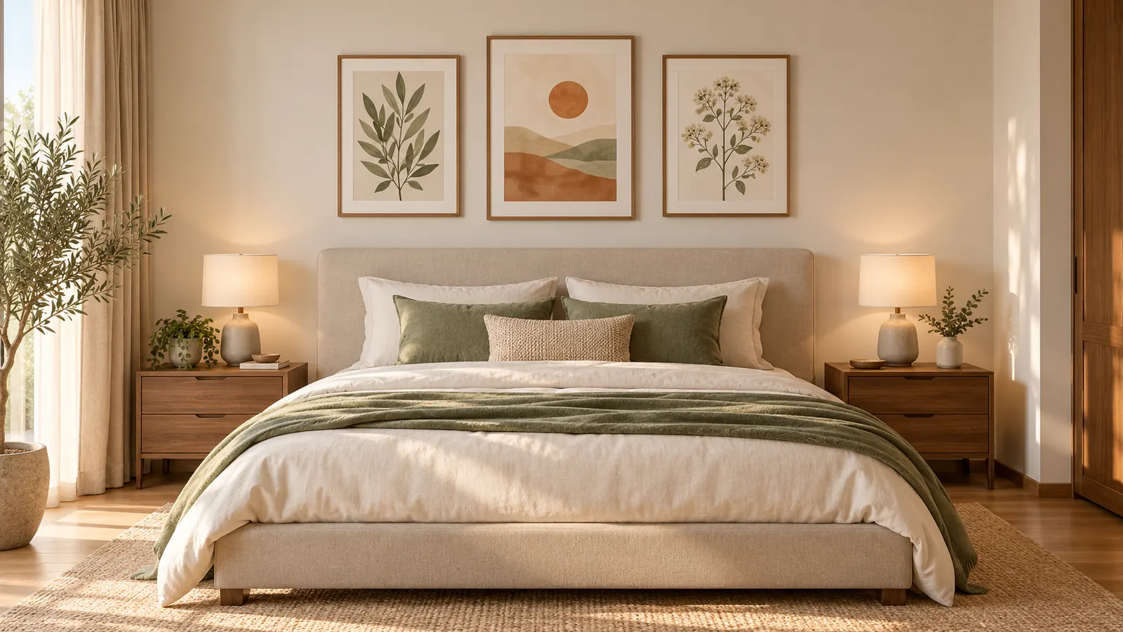 Decor tường phòng ngủ với bộ ba tranh tông màu nhẹ nhàng