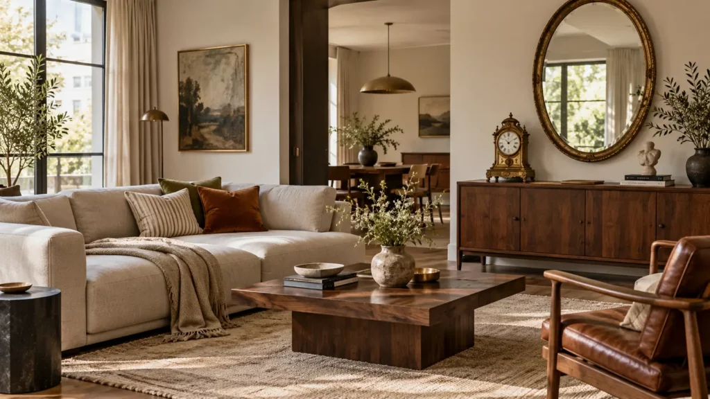 Phòng khách hiện đại phối gương viền cổ, đồng hồ vintage và nội thất gỗ ấm