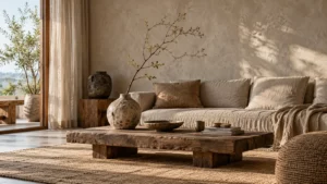 Phòng khách decor Wabi Sabi với bình gốm thủ công, bàn gỗ mộc và ánh sáng tự nhiên