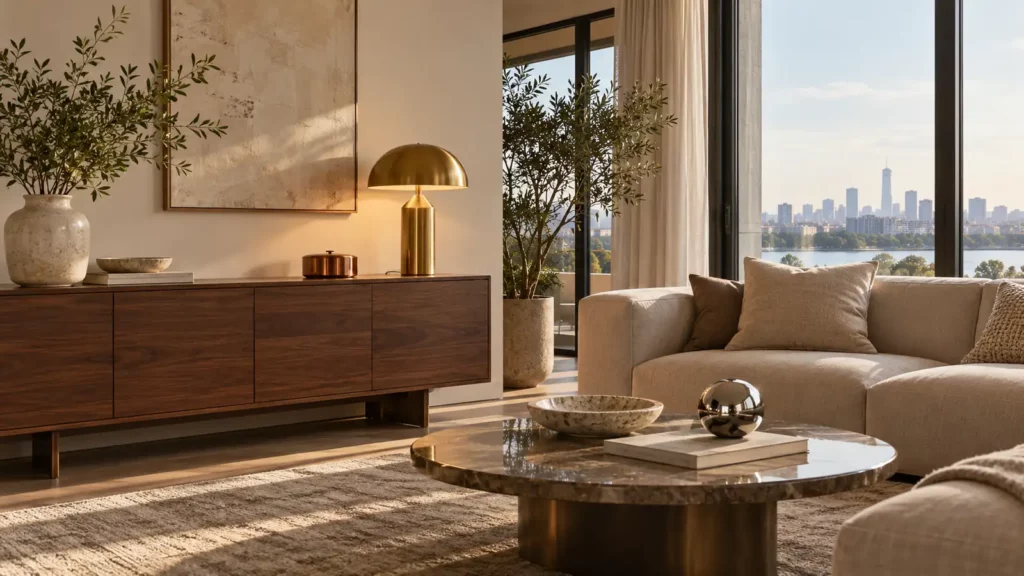 Phòng khách hiện đại với điểm nhấn đèn đồng, vật trang trí chrome và nội thất màu trung tính