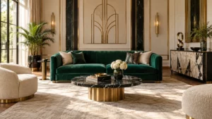 Phòng khách Art Deco với sofa nhung xanh, họa tiết hình học và điểm nhấn kim loại vàng