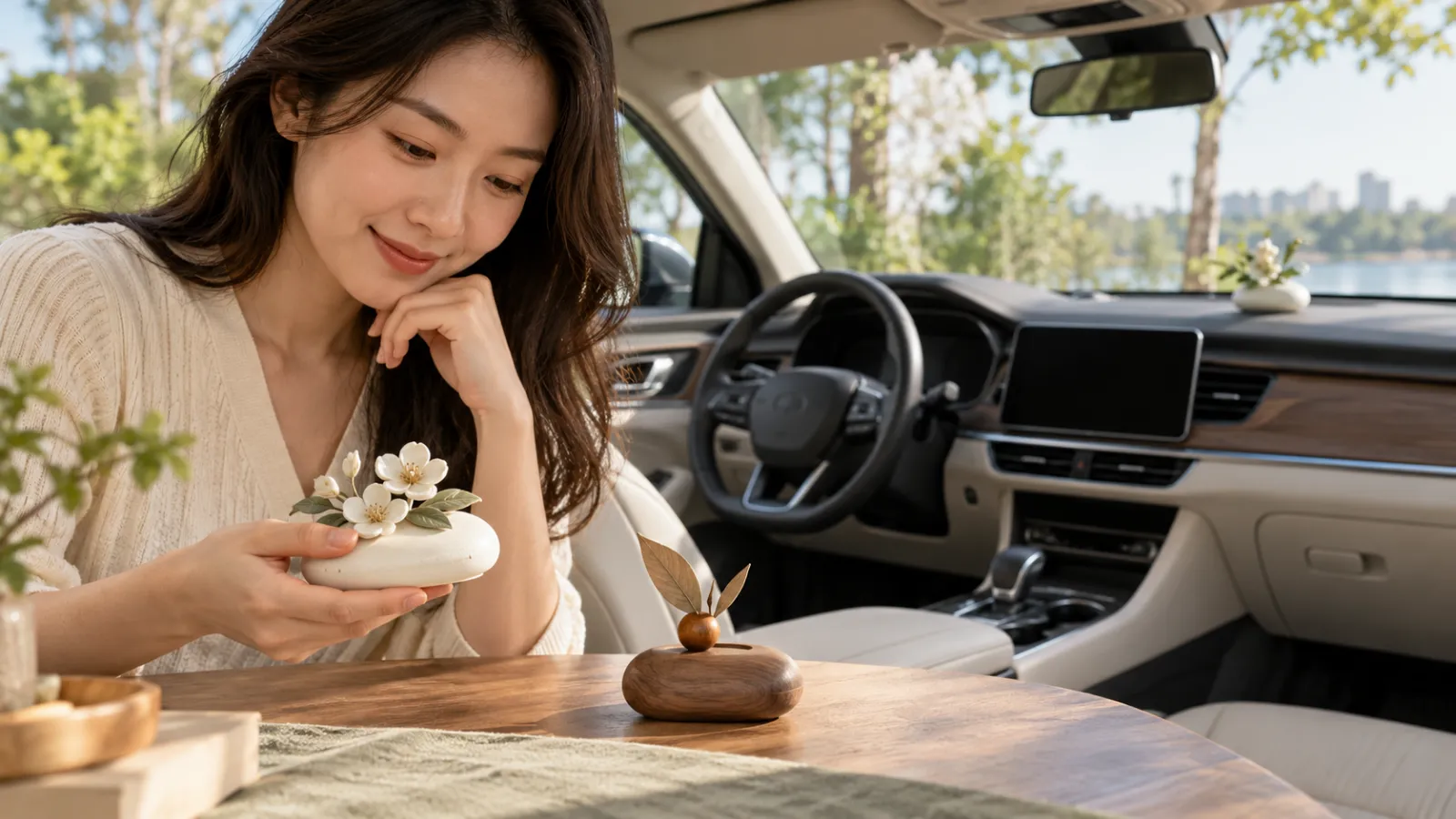 Đồ trang trí ô tô cho nữ với tông màu trung tính và kích thước nhỏ gọn