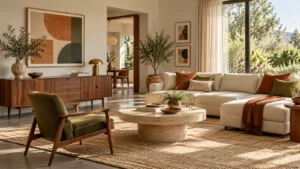 Phòng khách kết hợp phong cách Mid-century và Contemporary bằng màu cam đất và xanh olive