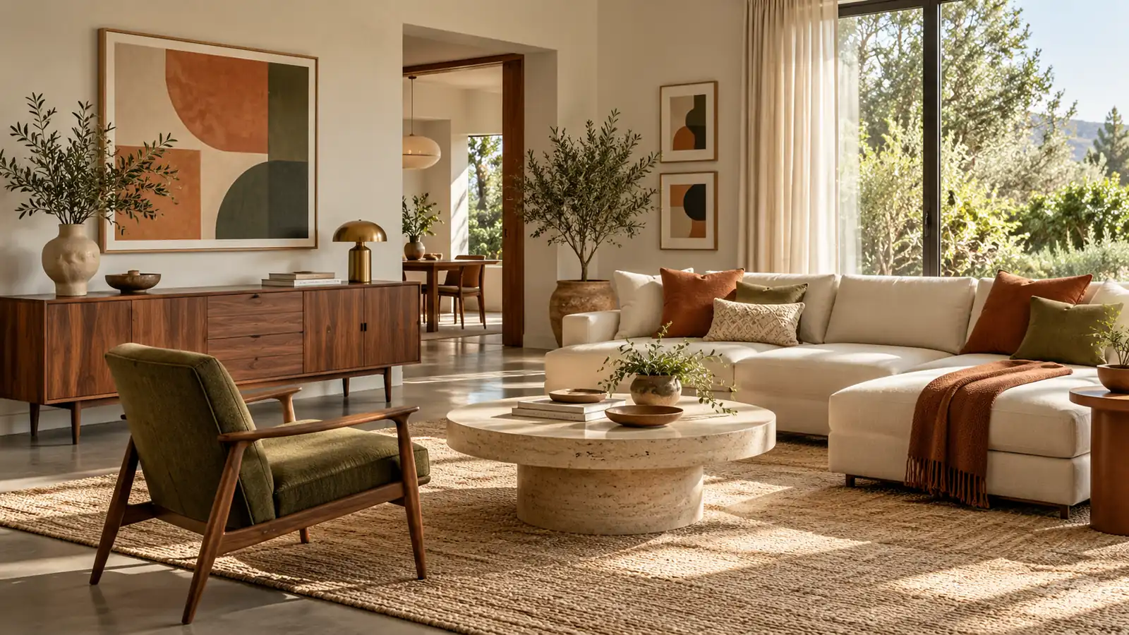 Phòng khách phối nội thất Mid-century và Contemporary với tông cam đất, xanh olive