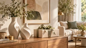 Quà cưới decor với cặp bình gốm và hộp quà trong phòng khách ấm áp
