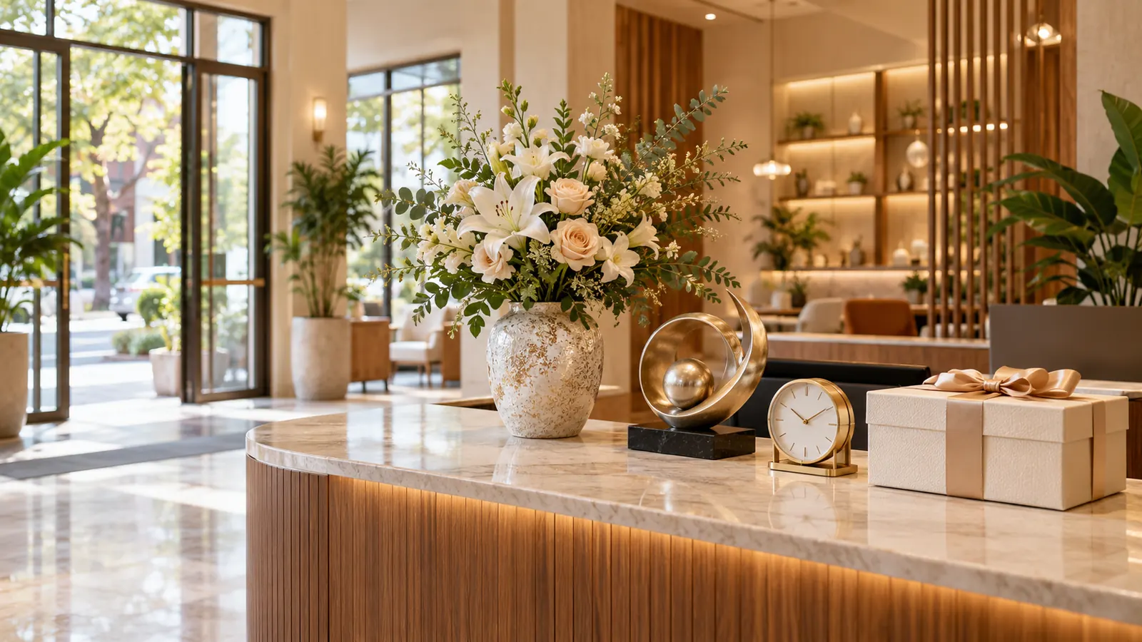 Quà khai trương gồm bình hoa, tượng decor và đồng hồ để bàn