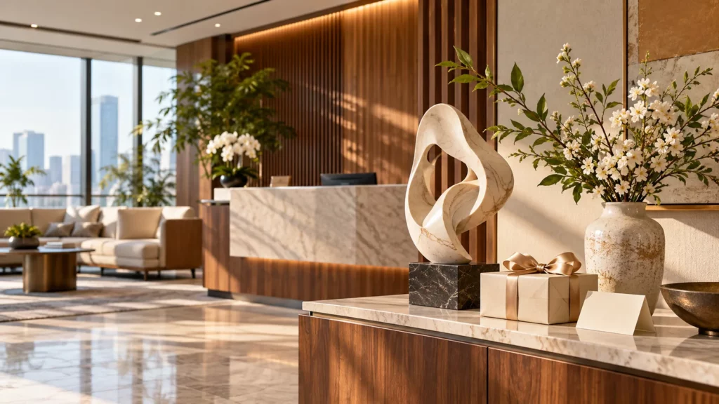 Quà kỷ niệm thành lập công ty với tượng decor và bình gốm tại sảnh văn phòng