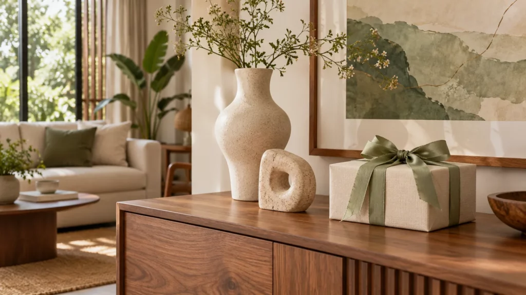 Quà sinh nhật decor gồm bình hoa, tượng nhỏ và tranh trong phòng khách