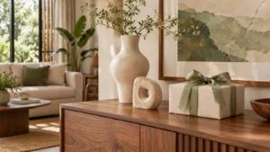 Quà sinh nhật decor gồm bình hoa, tượng nhỏ và tranh trong phòng khách