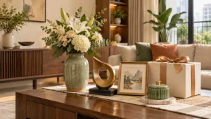 Quà tân gia decor gồm bình hoa, tượng và khung tranh dễ trưng bày