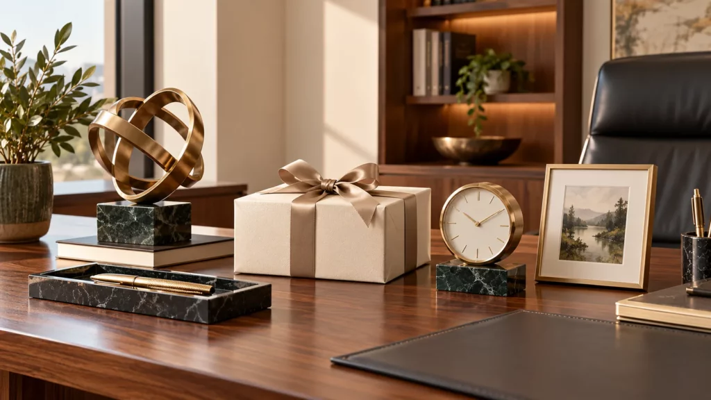 Quà tặng sếp gồm tượng decor, đồng hồ bàn và khay bút