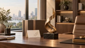Quà mừng thăng chức gồm tượng decor, đồng hồ bàn và khay bút