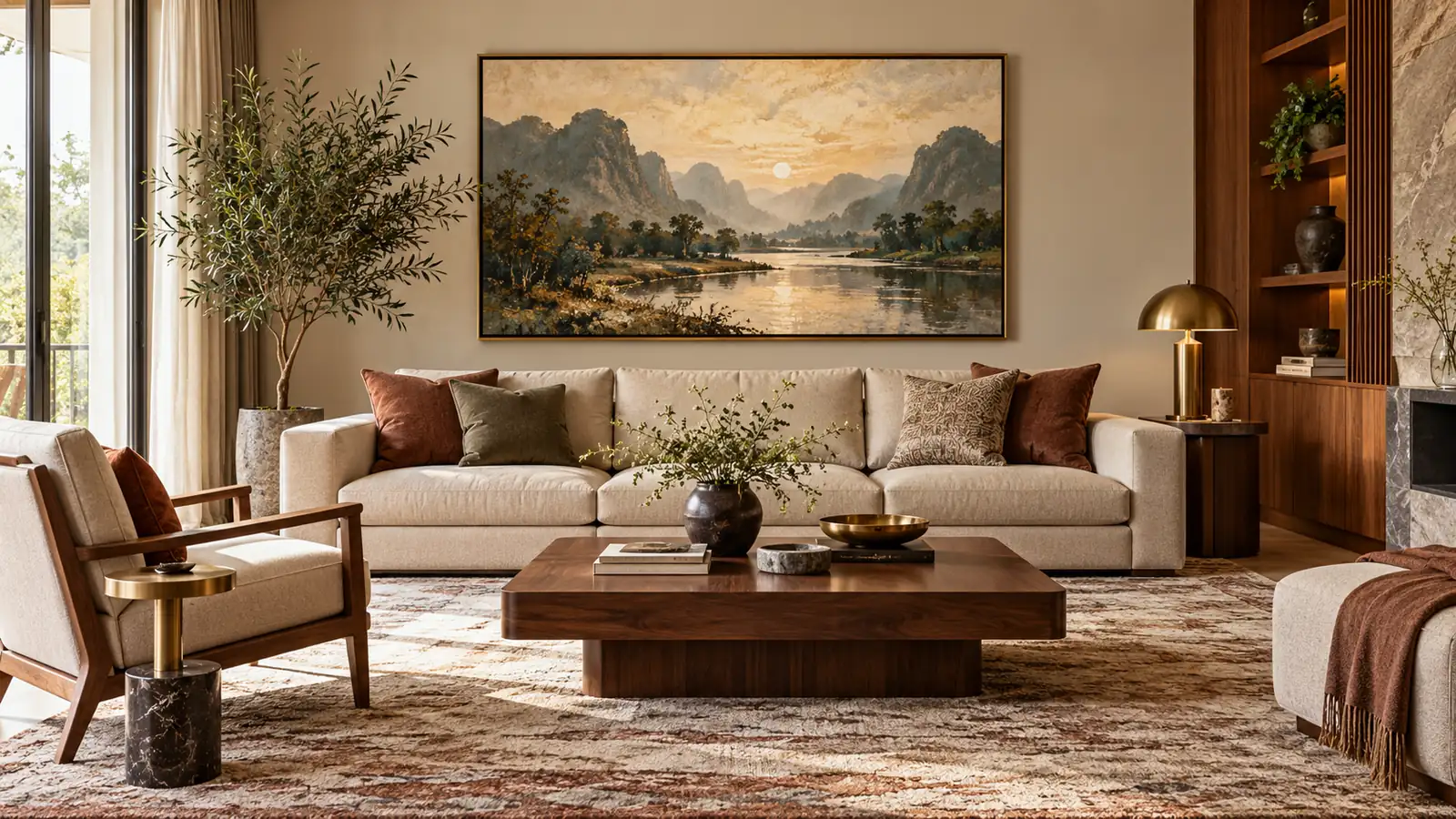 Tranh treo phòng khách cân đối với sofa và bảng màu nội thất