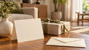 Thiệp trắng bên bình gốm và hộp quà decor trong phòng khách